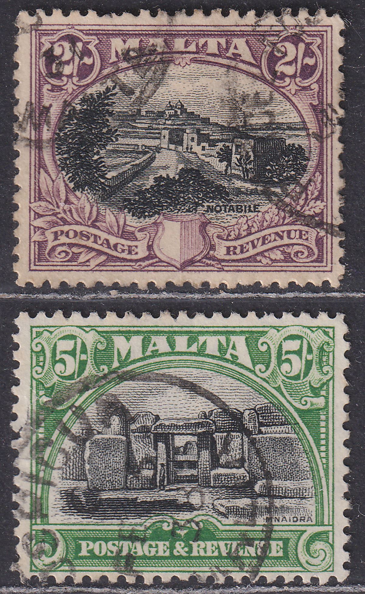 Malta 1930 KGV Postage and Revenue 2sh, 5sh Used SG205 SG208 cat £118