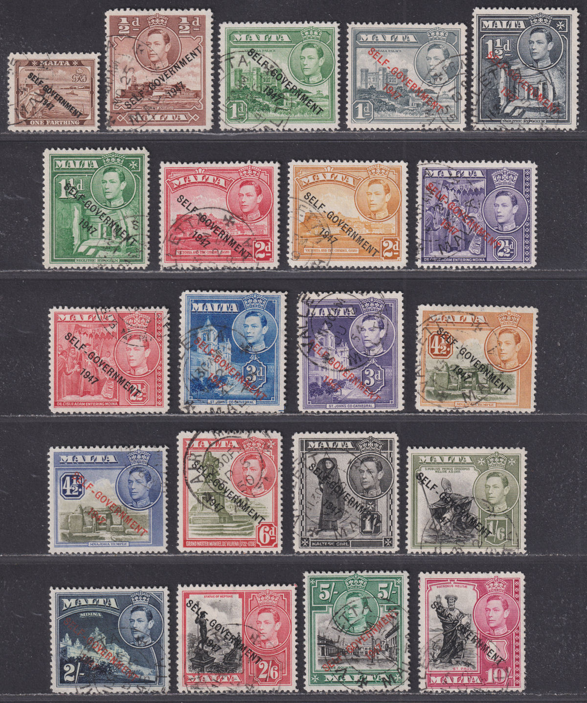 Malta 1948-53 KGVI Self-Government Overprint Set Used SG234-248 cat £45
