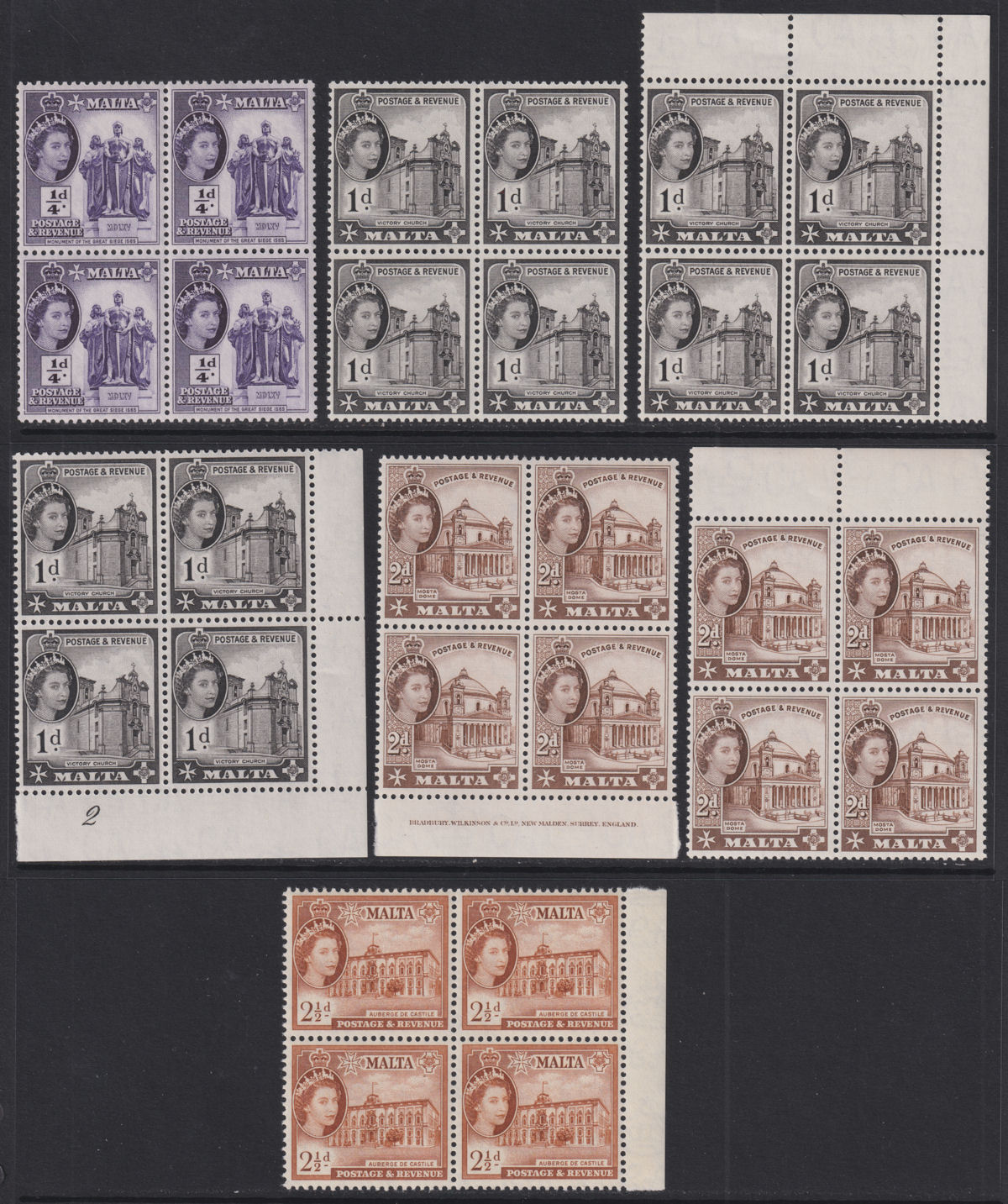 Malta 1956 Queen Elizabeth II ¼d, 1d, 2d, 2½d Blocks of 4 UM Mint