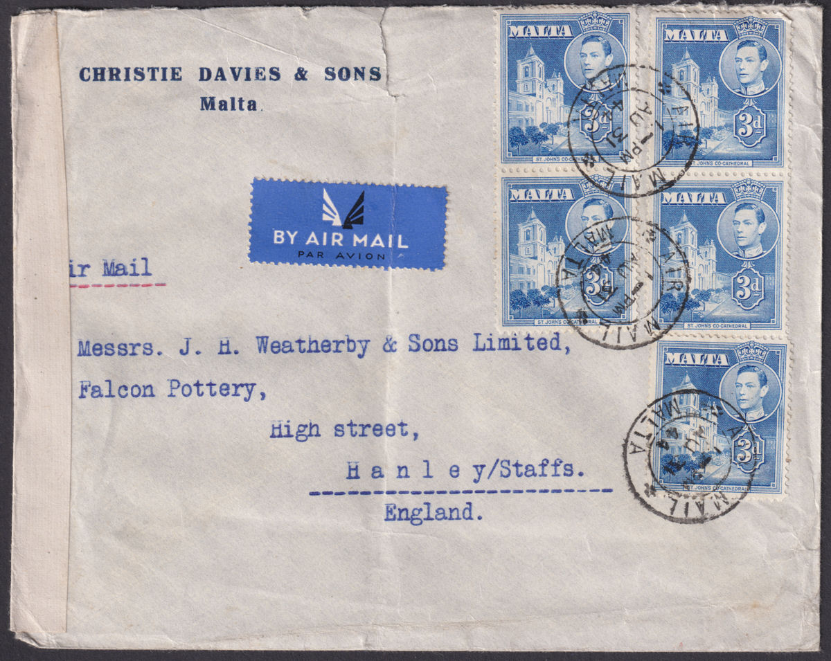 Malta 1944 KGVI 3d x5 Used on Airmail Cover to UK with Censor Label