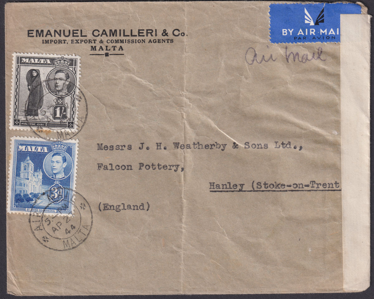 Malta 1944 KGVI 1sh, 3d Used on Airmail Cover to UK with Censor Label