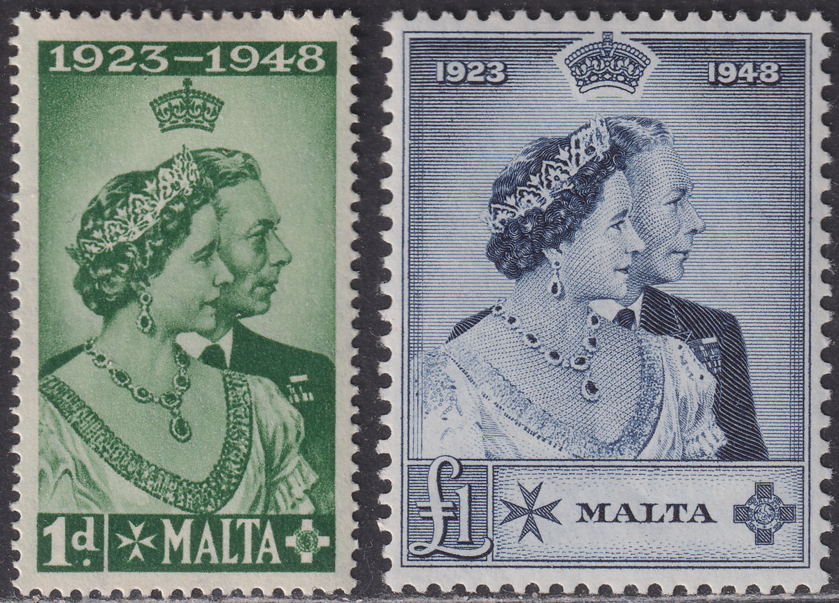 Malta 1949 KGVI Royal Silver Wedding 1d Green £1 Indigo Mint SG249-250 cat £32