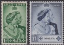 Click for more photos and details Malta 1949 KGVI Royal Silver Wedding 1d Green £1 Indigo Mint SG249-250 cat £32