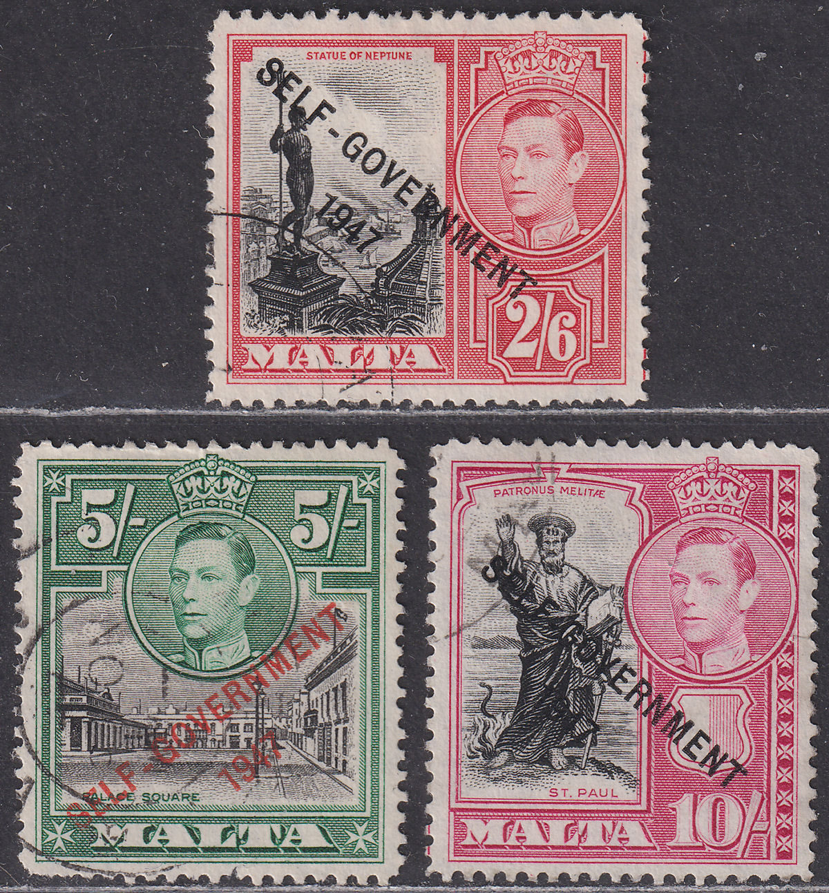Malta 1948 KGVI Self Government Overprint 2sh6d, 5sh, 10sh Used SG246-248 c £48