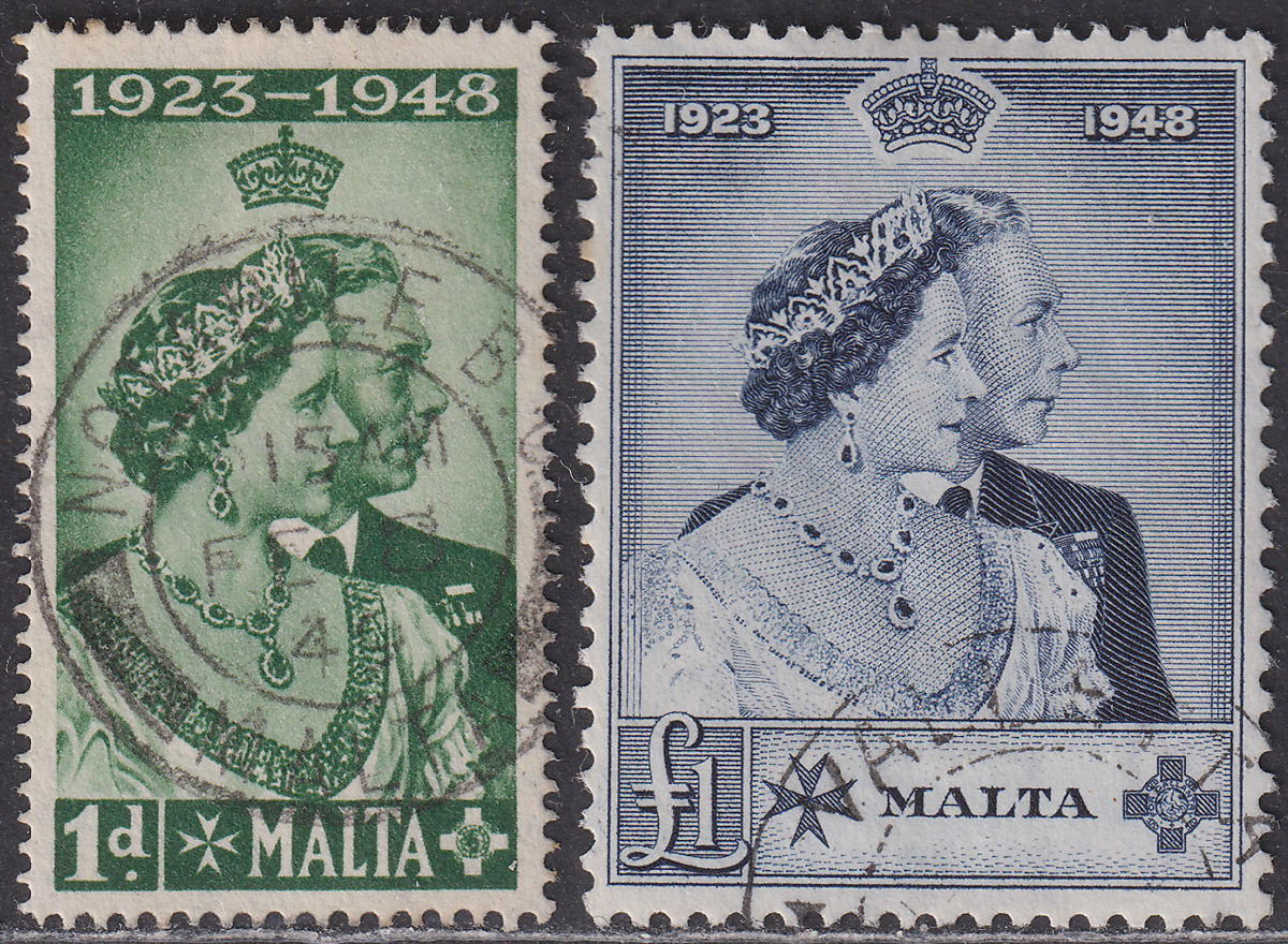 Malta 1949 KGVI Royal Silver Wedding 1d Green, £1 Indigo Used SG249-250 cat £45