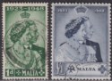 Malta 1949 KGVI Royal Silver Wedding 1d Green, £1 Indigo Used SG249-250 cat £45