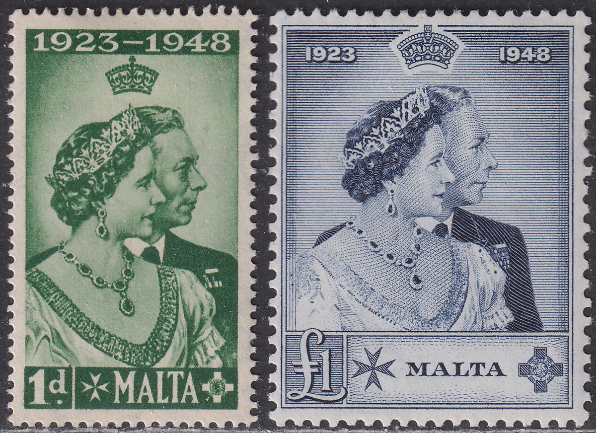 Malta 1949 KGVI Royal Silver Wedding 1d Green £1 Indigo Mint SG249-250 cat £32
