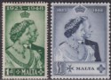 Malta 1949 KGVI Royal Silver Wedding 1d Green £1 Indigo Mint SG249-250 cat £32