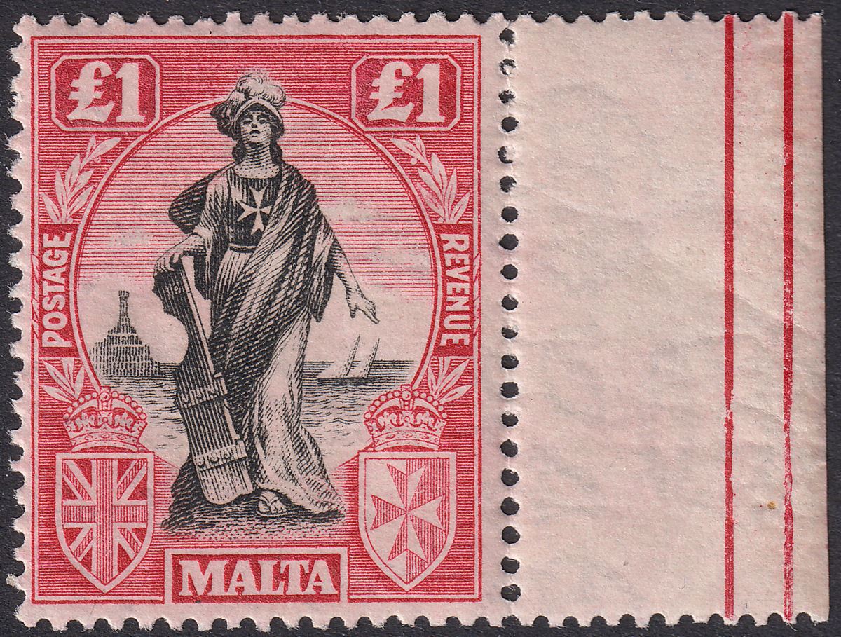 Malta 1922 KGV Figure £1 Black and Carmine-Red wmk Sideways Mint SG139 cat £150
