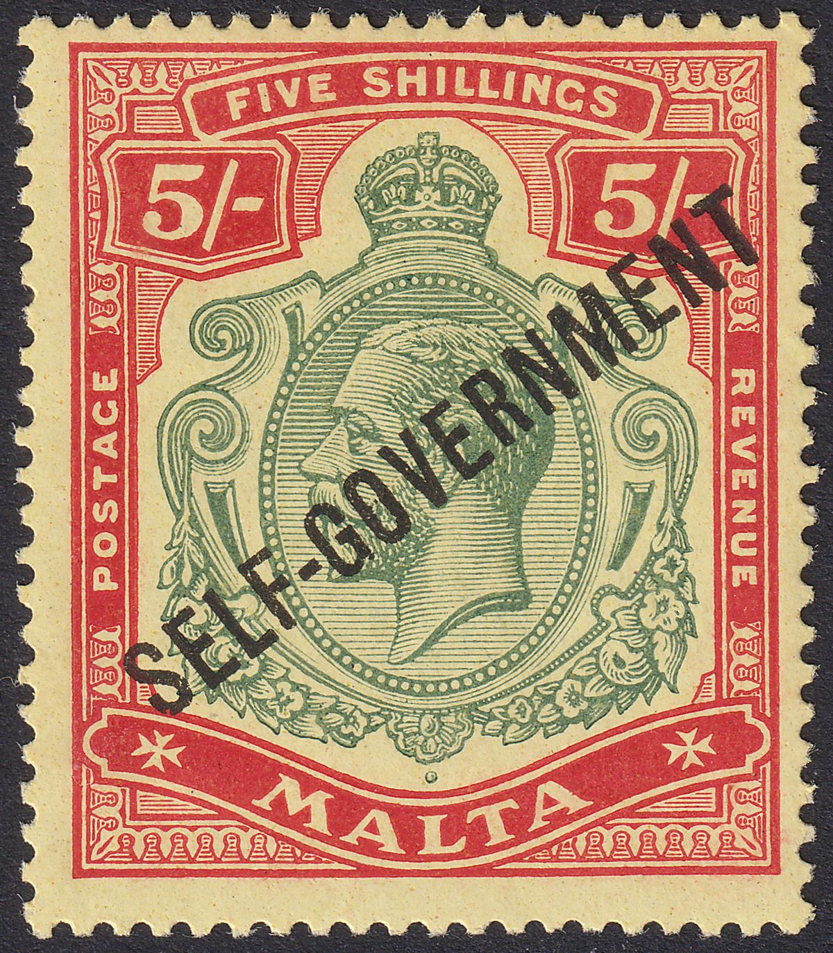 Malta 1922 KGV Self Government 5sh Green and Red Mint SG113 cat £70