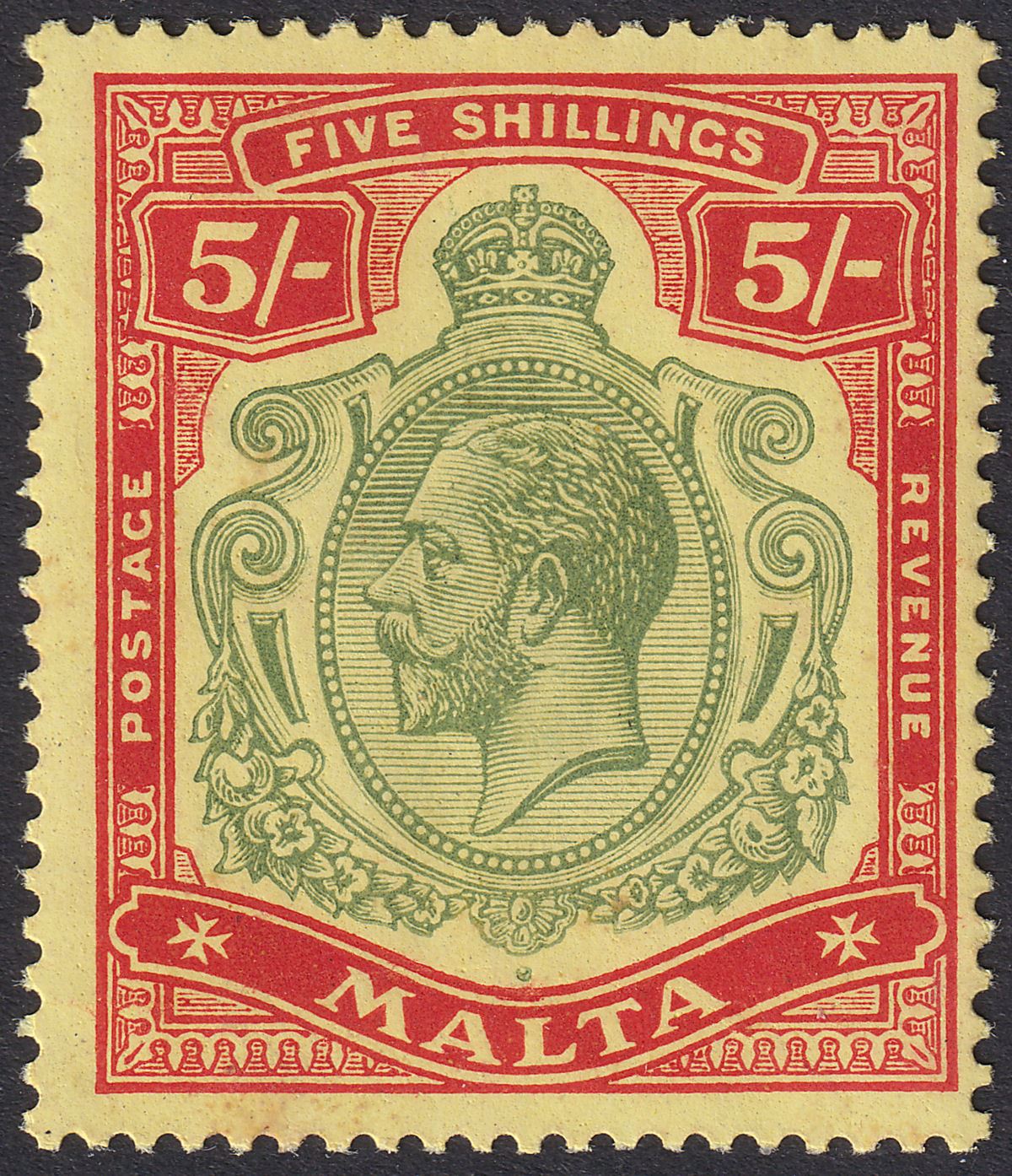Malta 1917 KGV 5sh Green and Red on Yellow Mint SG88 cat £110