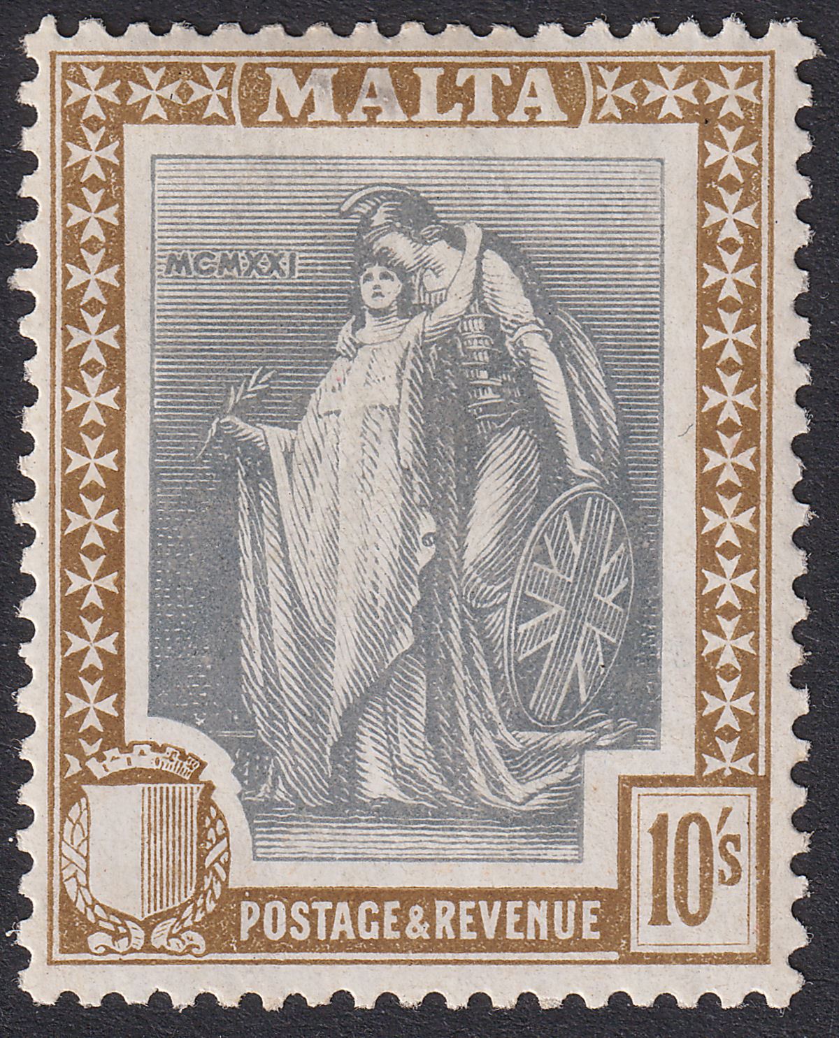 Malta 1922 KGV Figure 10sh Slate-Grey and Brown Mint SG138 cat £70