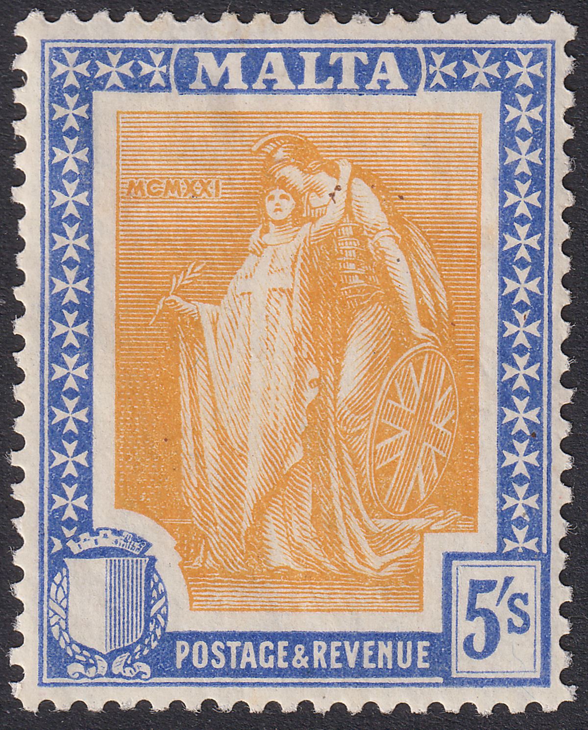 Malta 1922 KGV Figure 5sh Orange-Yellow &Bright Ultramarine Mint SG137 cat £24