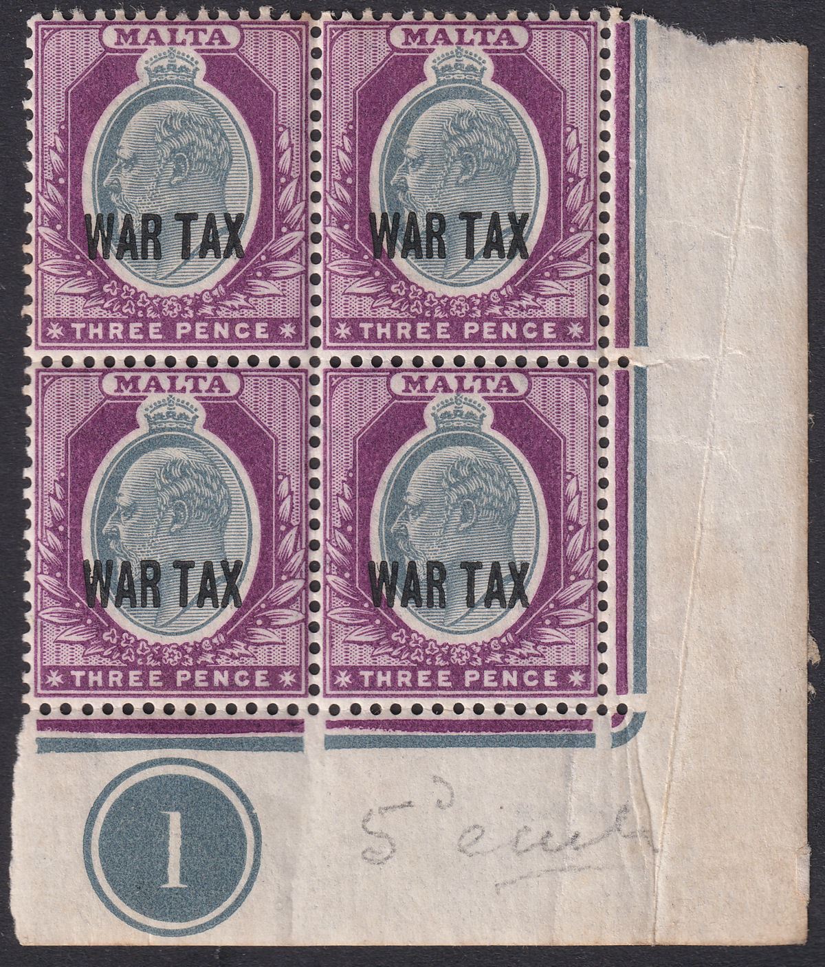 Malta 1918 KGV War Tax Overprint 3d Grey and Purple Plate Block of 4 Mint SG93