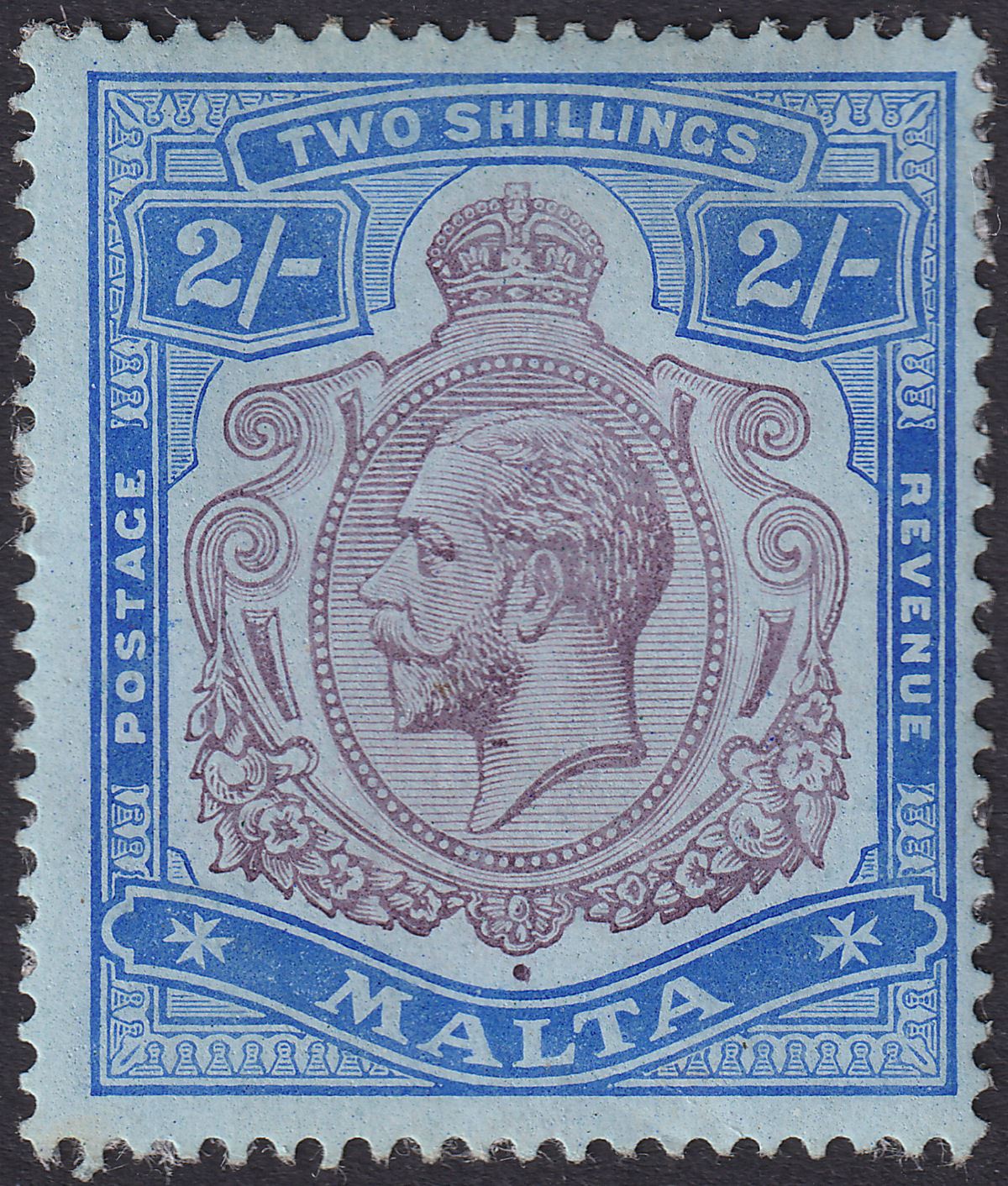 Malta 1914 KGV 2sh Purple and Bright Blue on Blue Mint SG86 cat £55 adhesion