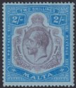 Click for more photos and details Malta 1922 KGV 2sh Purple and Blue on Blue wmk Script Mint SG103 cat £80