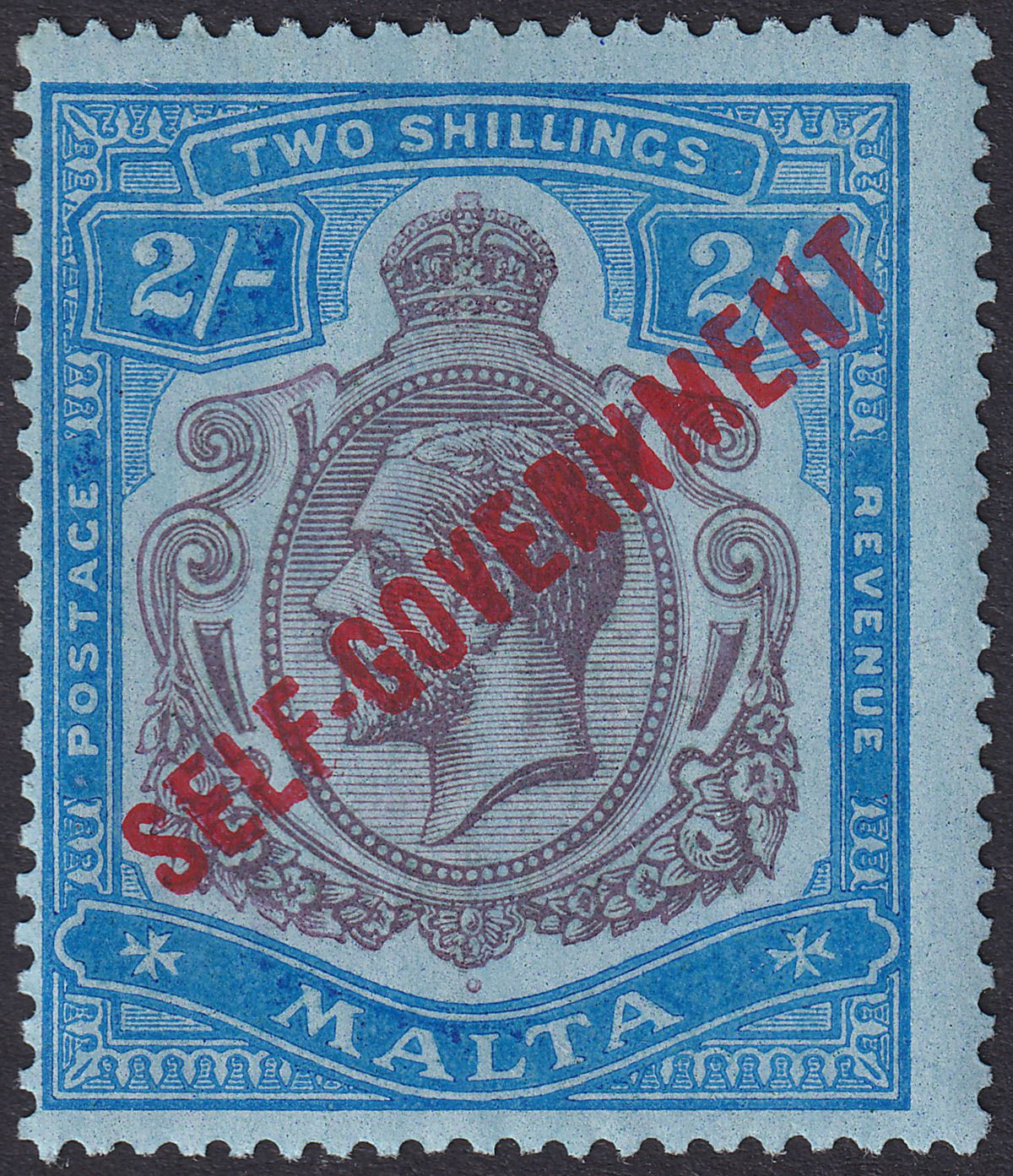 Malta 1922 KGV Self Government 2sh Prp + Blue on Blue wmk Script Mint SG120 c£55