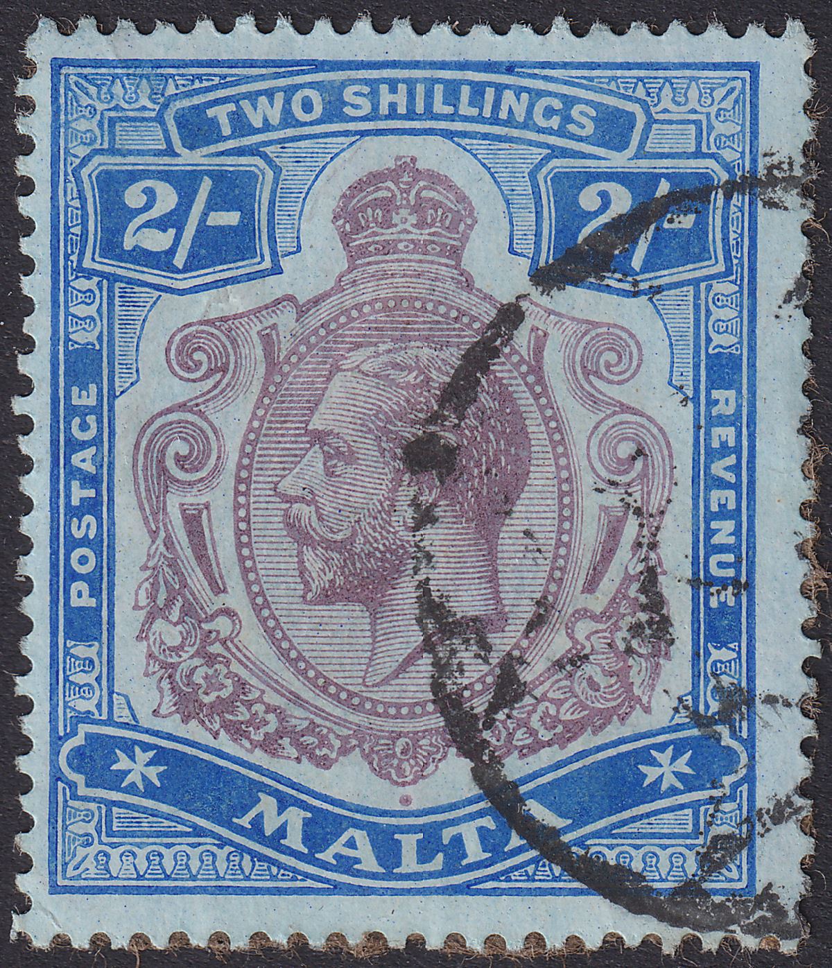 Malta 1914 KGV 2sh Purple and Bright Blue on Blue Used SG86 cat £50
