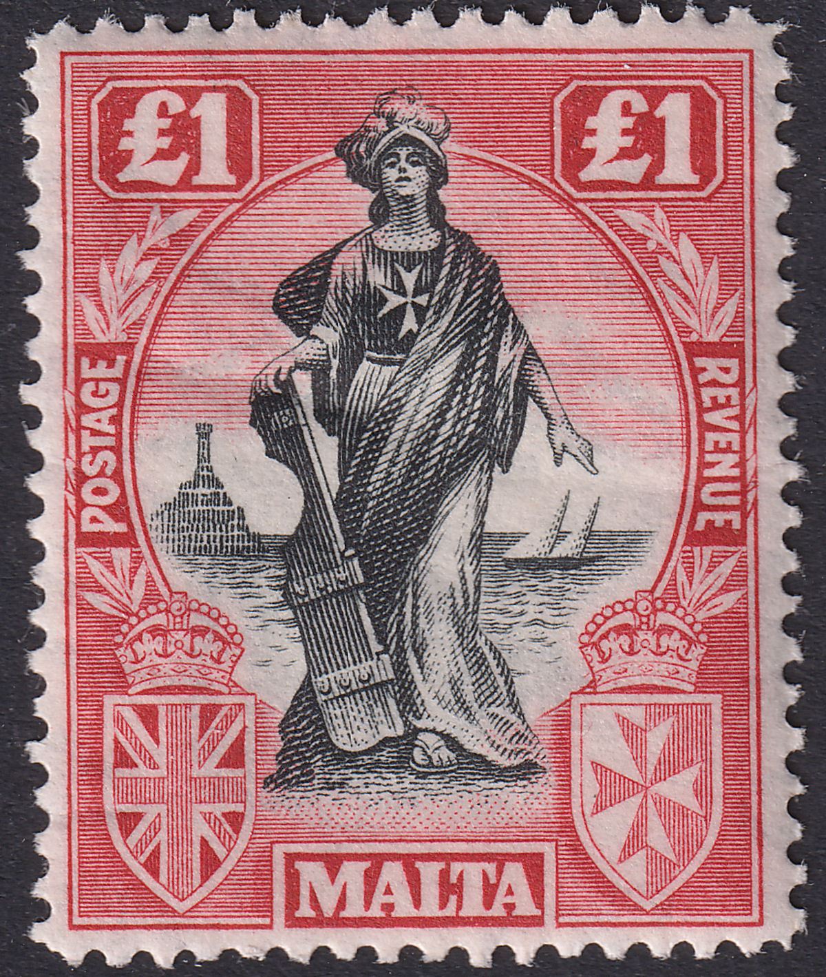 Malta 1922 KGV Figure £1 Black and Carmine-Red wmk Sideways Mint SG139 cat £150