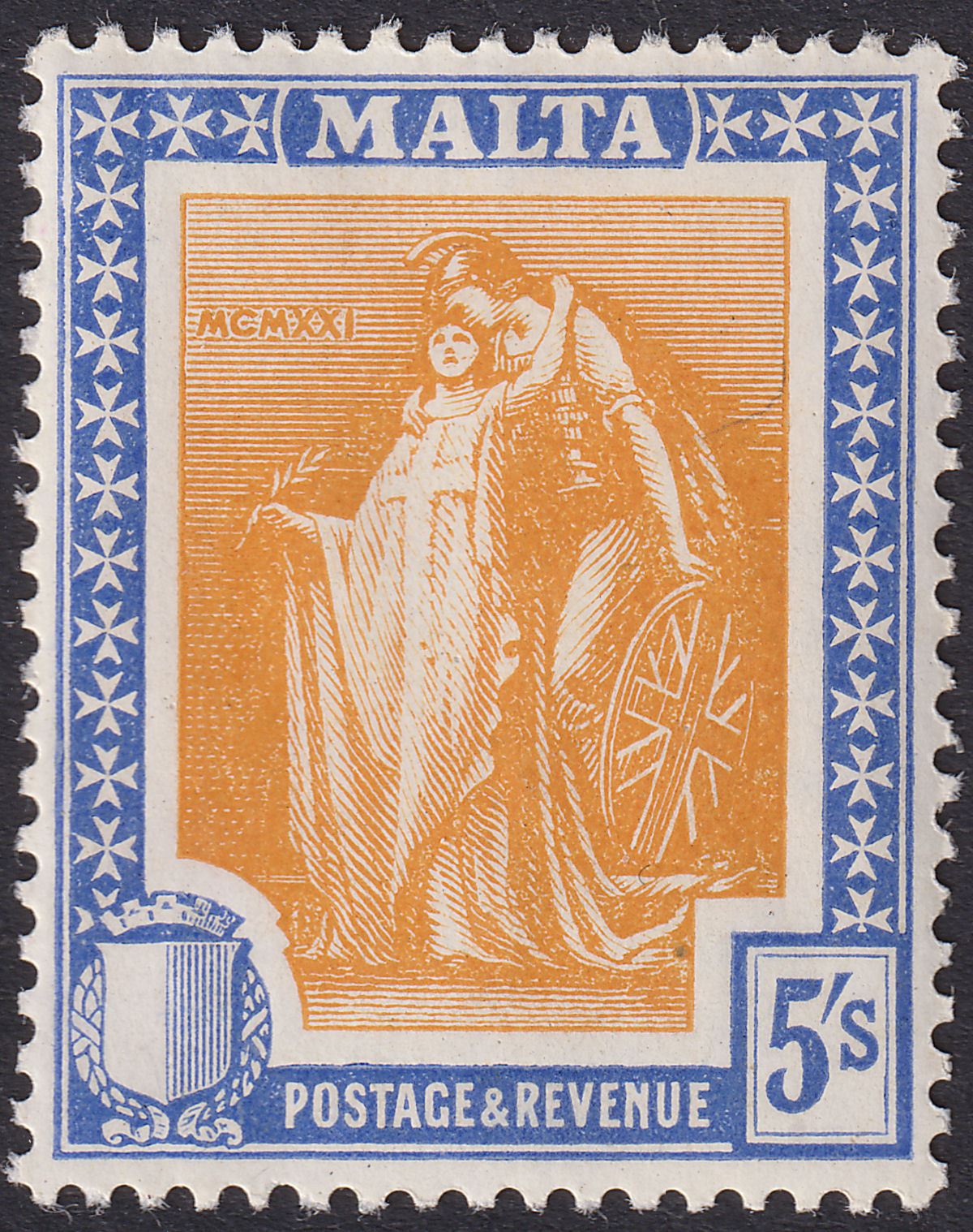 Malta 1922 KGV Figure 5sh Orange-Yellow and Bright Ultramarine Mint SG137 c£24