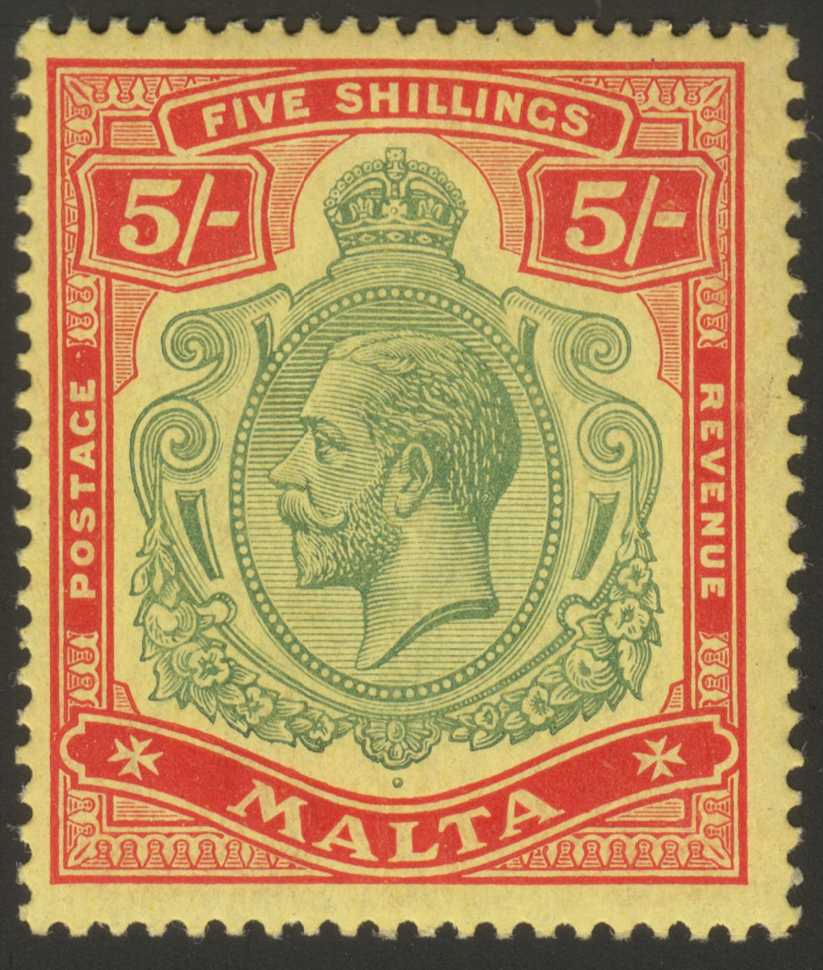 Malta 1917 KGV 5sh Green and Red on Yellow Mint SG88 cat £100