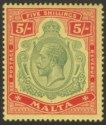 Click for more photos and details Malta 1917 KGV 5sh Green and Red on Yellow Mint SG88 cat £100