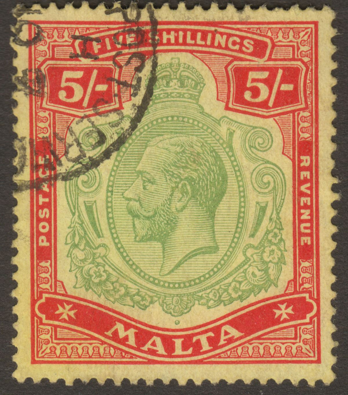 Malta 1917 KGV 5sh Green and Red on Yellow Used SG88 cat £110