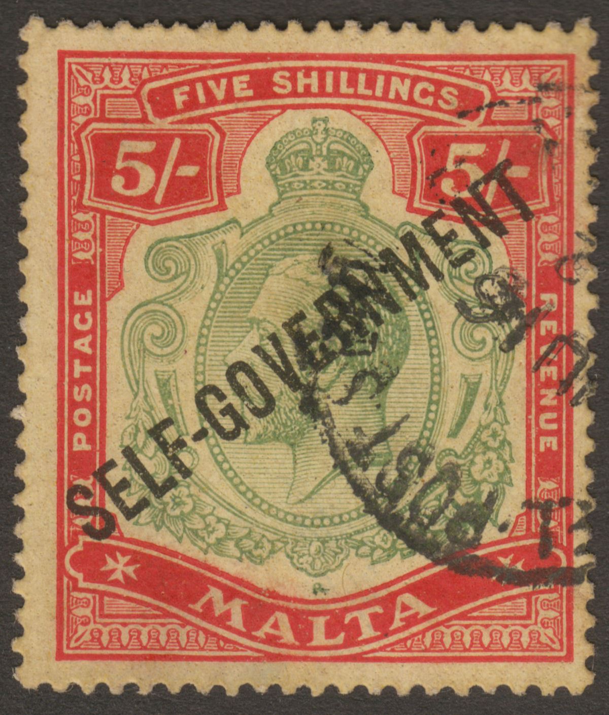 Malta 1922 KGV Self Government 5sh Green + Red Used SG113 cat £100 w pinhole