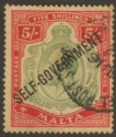 Click for more photos and details Malta 1922 KGV Self Government 5sh Green + Red Used SG113 cat £100 w pinhole
