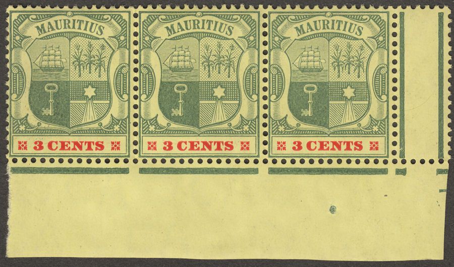 Mauritius 1904 KEVII 3c Green and Carmine wmk Multi CA strip of 3 Mint SG166