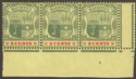 Click for more photos and details Mauritius 1904 KEVII 3c Green and Carmine wmk Multi CA strip of 3 Mint SG166