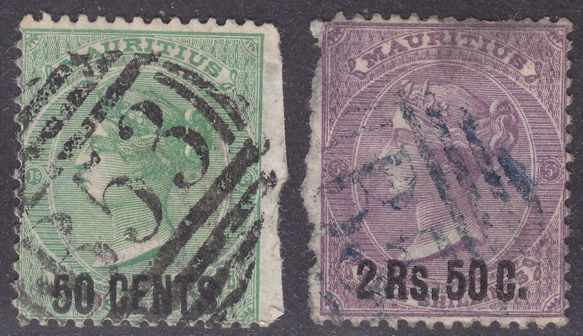 Mauritius 1878 QV Surcharge 50c on 1sh, 2r.50 on 5sh Used SG90-91 faults