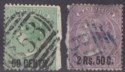 Click for more photos and details Mauritius 1878 QV Surcharge 50c on 1sh, 2r.50 on 5sh Used SG90-91 faults