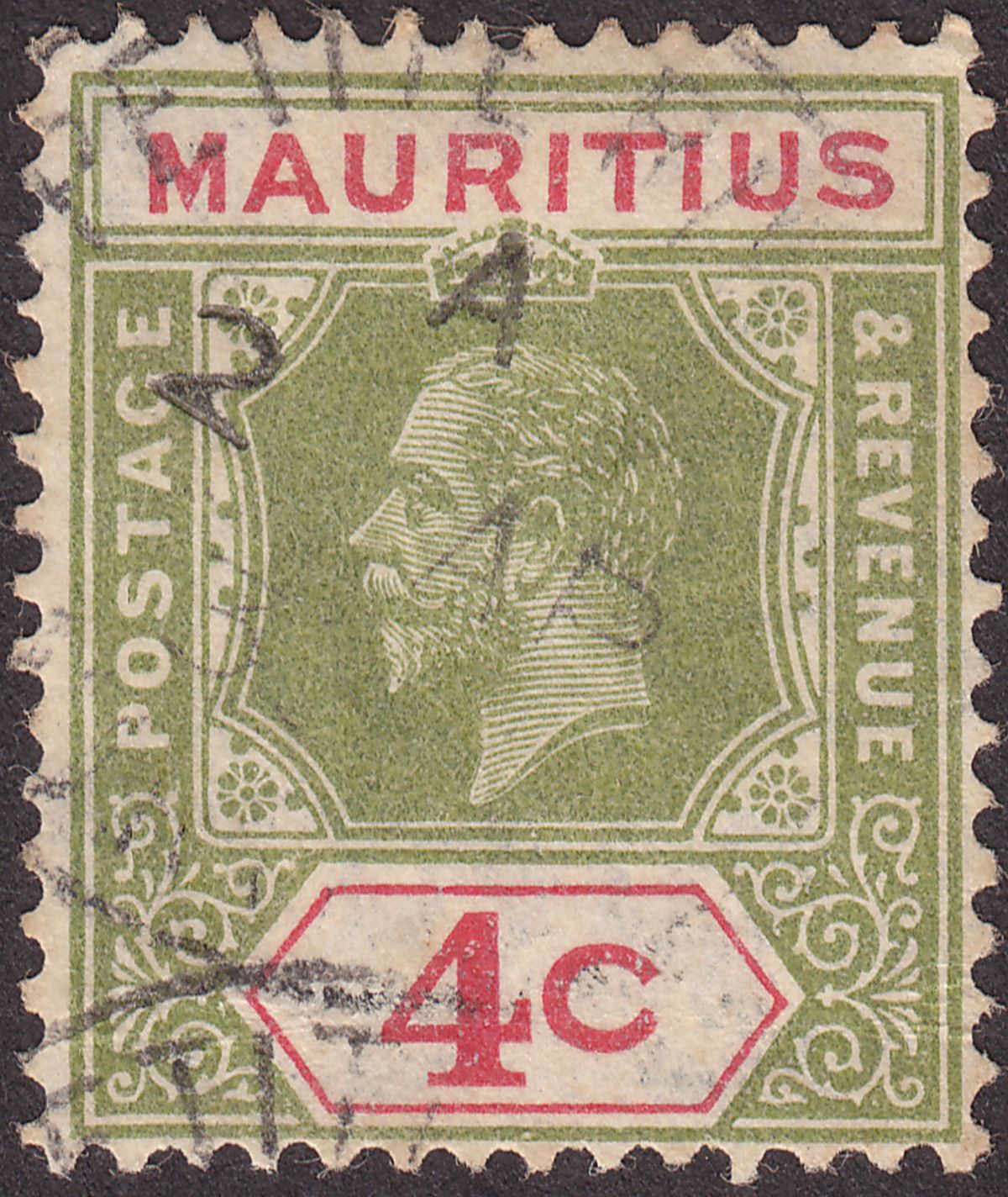 Mauritius 1932 KGV 4c Sage-Green and Carmine Die I Used SG226b cat £60