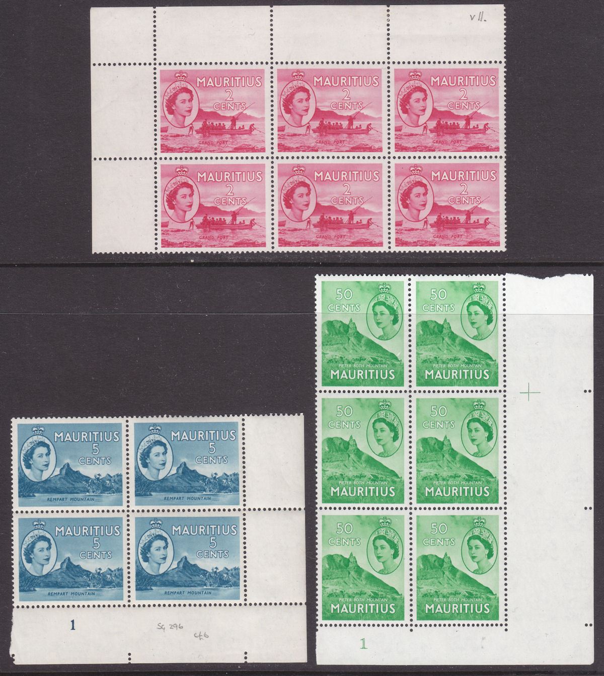 Mauritius 1953 Queen Elizabeth II 2c, 5c, 50c Blocks Mint SG293 SG296 SG302