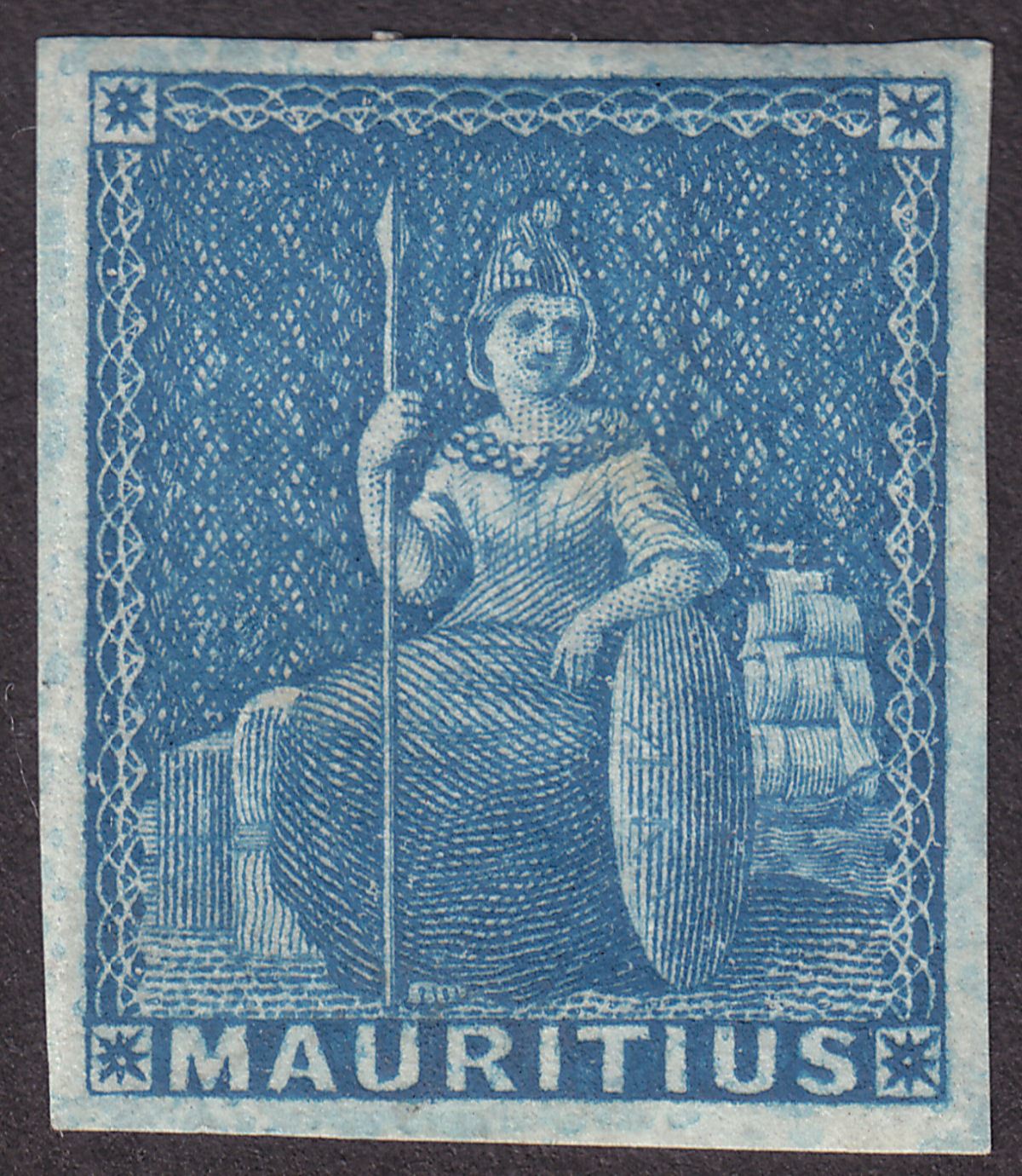 Mauritius 1858 QV Britannia Blue Imperf Unissued Mint SG31 four margins