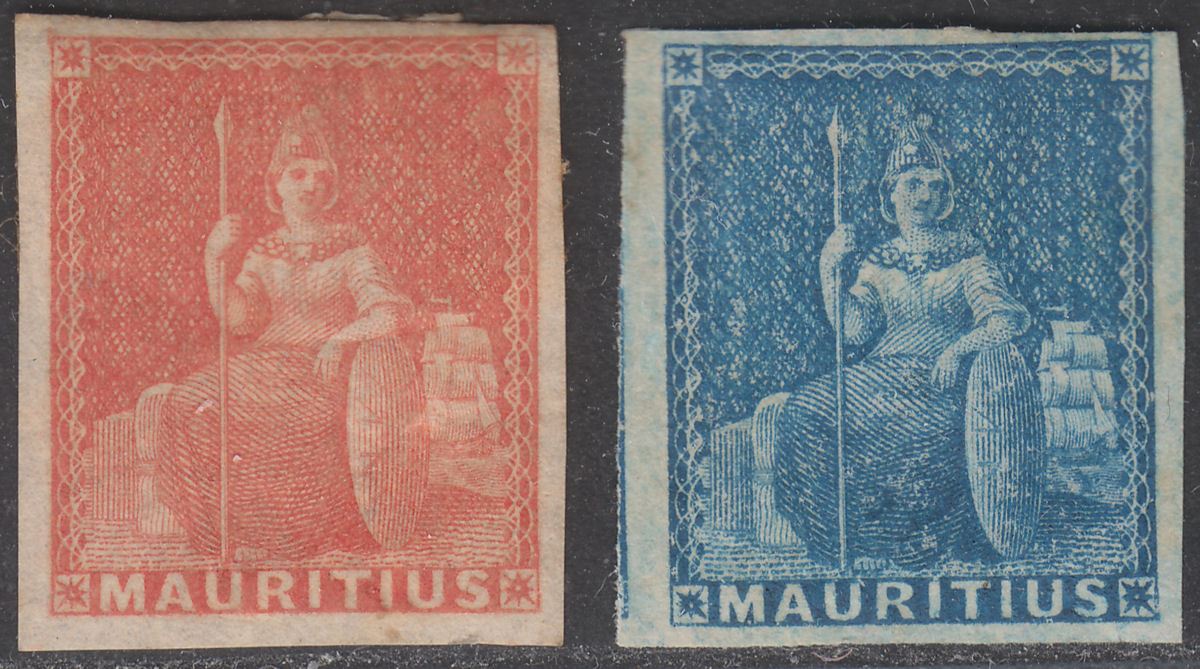 Mauritius 1858 QV Britannia Red-Brown and Blue Imperf Unissued Mint SG30-31 c£40