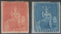 Click for more photos and details Mauritius 1858 QV Britannia Red-Brown and Blue Imperf Unissued Mint SG30-31 c£40
