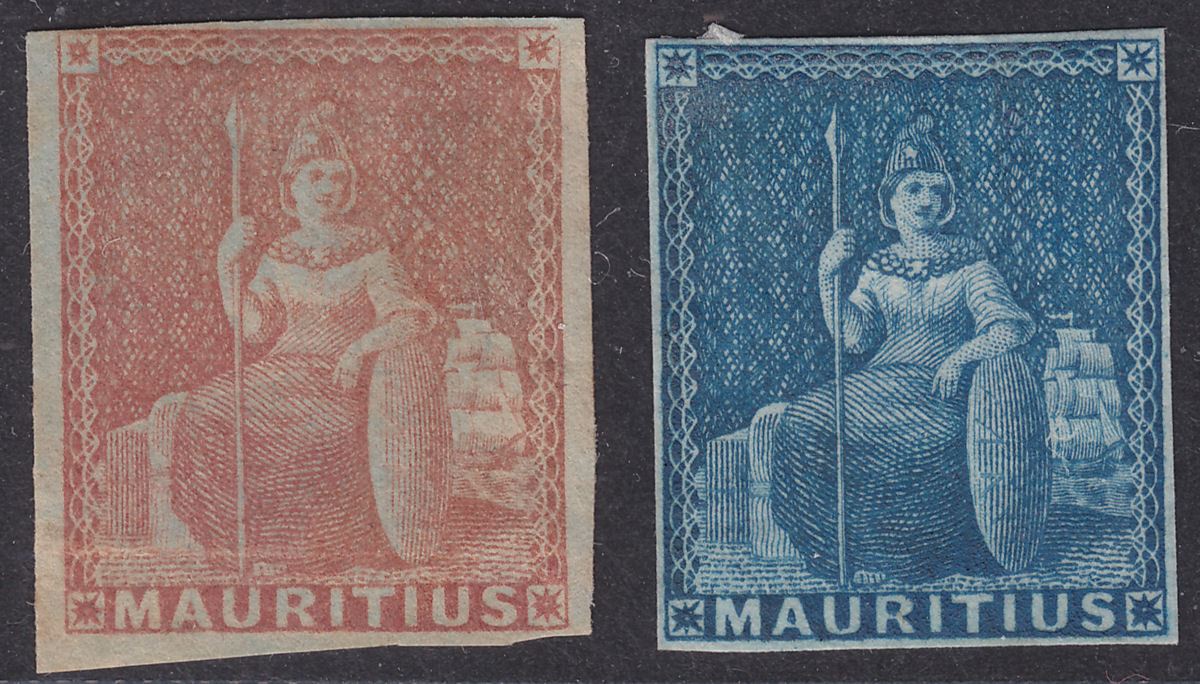 Mauritius 1858 QV Britannia Red-Brown / Blue Imperf Unissued Unused SG30-31