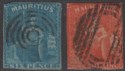 Click for more photos and details Mauritius 1859 QV Britannia 6d Blue, 1sh Vermilion Imperf Used SG32 SG34