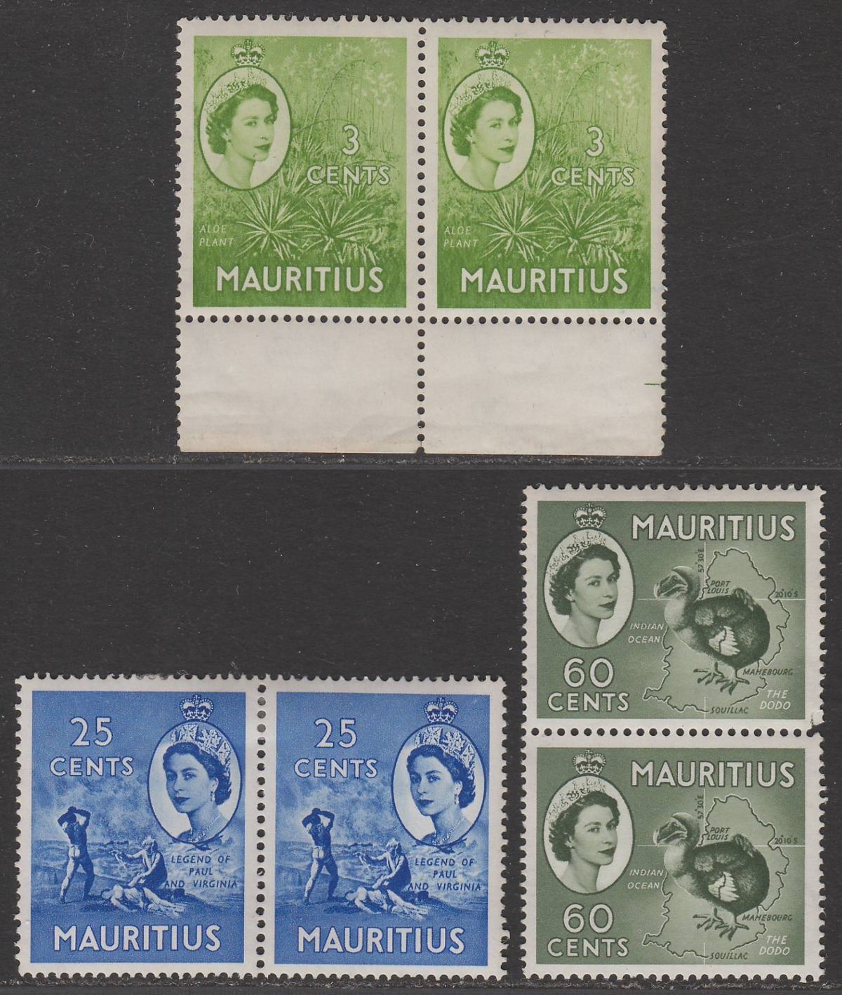 Mauritius 1953 Queen Elizabeth II 3c, 25c, 60c Pairs Mint SG294 SG300 SG302a