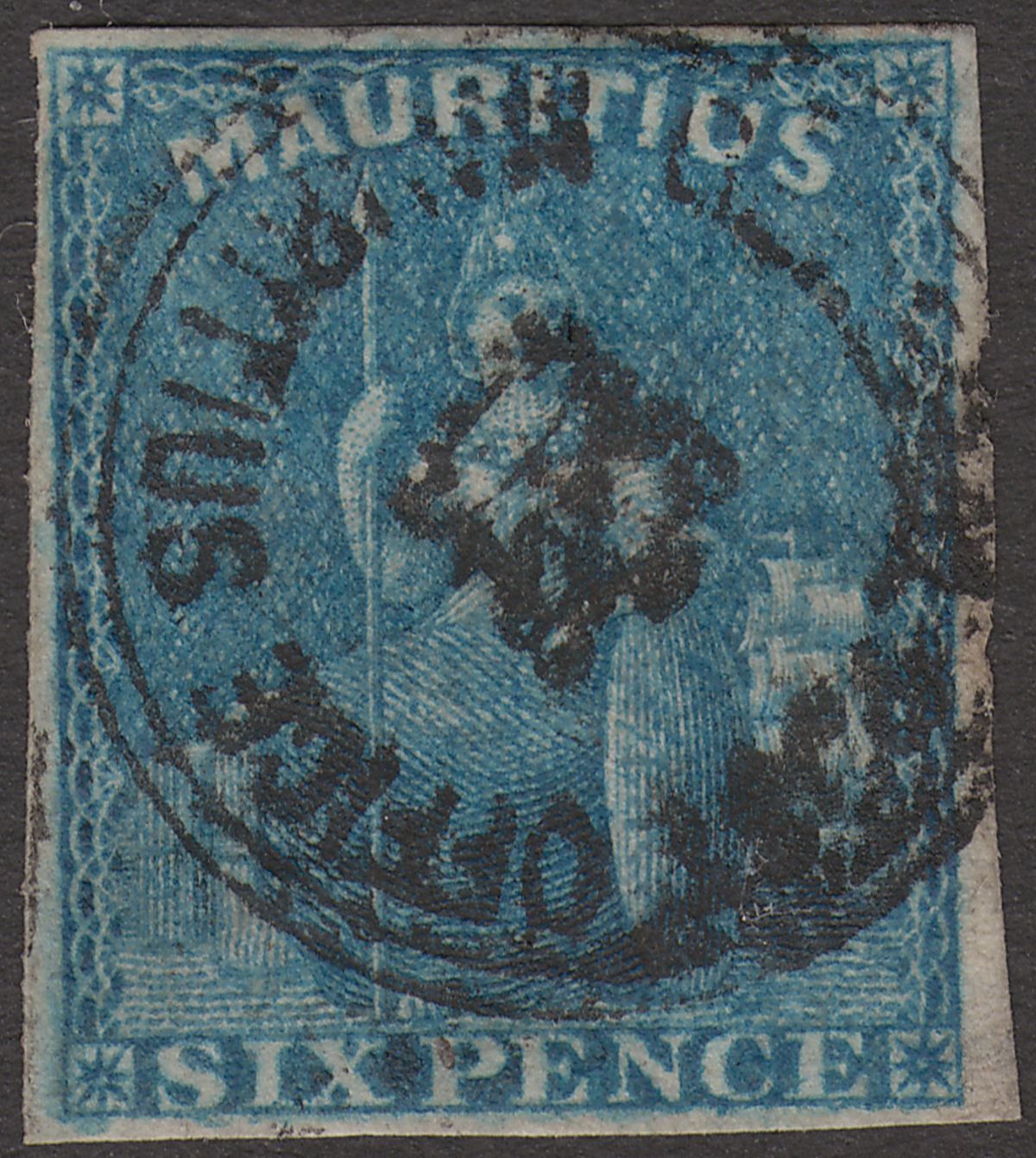 Mauritius 1859 QV Britannia 6d Blue Imperf Used SG32 cat £55 with Four Margins