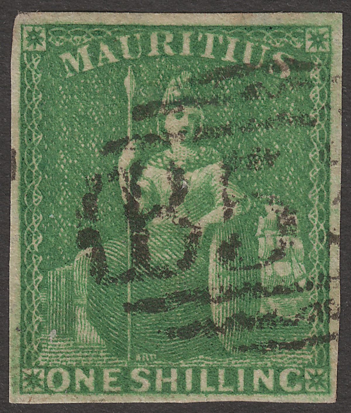 Mauritius 1861 QV Britannia 1sh Yel-Green Imperf Used SG35 cat £150 four margins