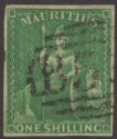Click for more photos and details Mauritius 1861 QV Britannia 1sh Yel-Green Imperf Used SG35 cat £150 four margins