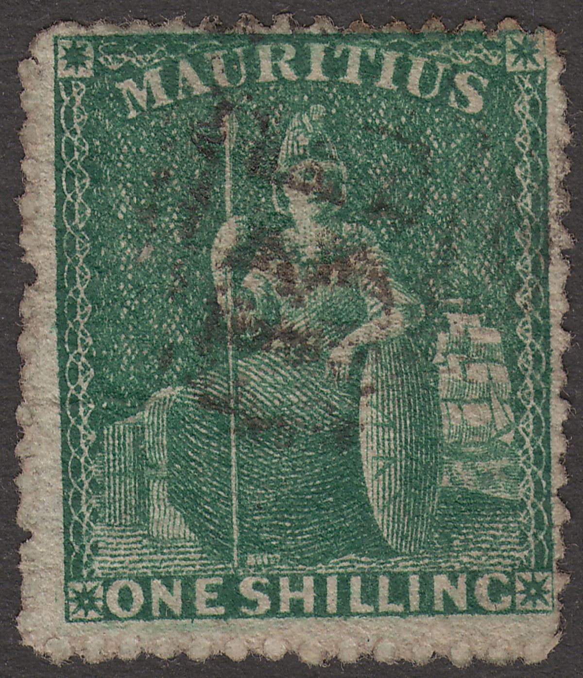 Mauritius 1862 QV Britannia 1sh Deep Green perf 14-16 Used SG55 cat £325