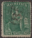 Click for more photos and details Mauritius 1862 QV Britannia 1sh Deep Green perf 14-16 Used SG55 cat £325