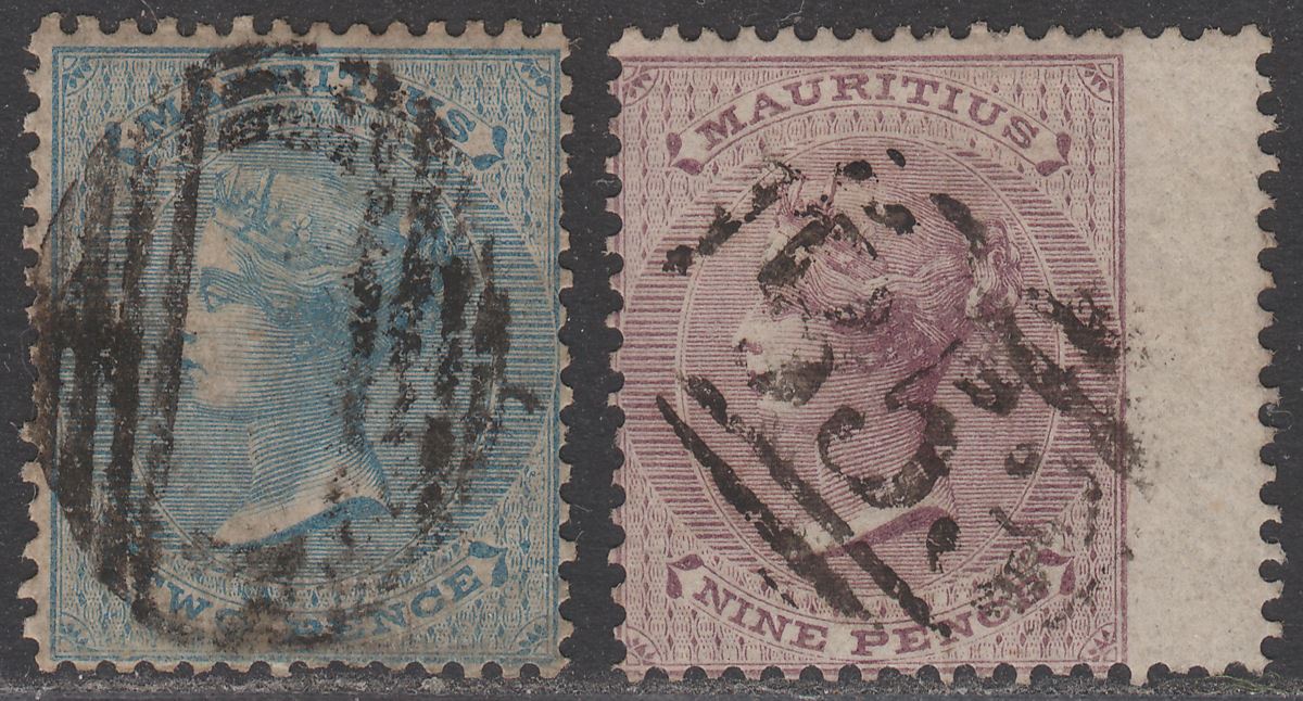 Mauritius 1860 QV Unwatermarked 2d Blue, 9d Dull Purple Used SG47 SG51 cat £97