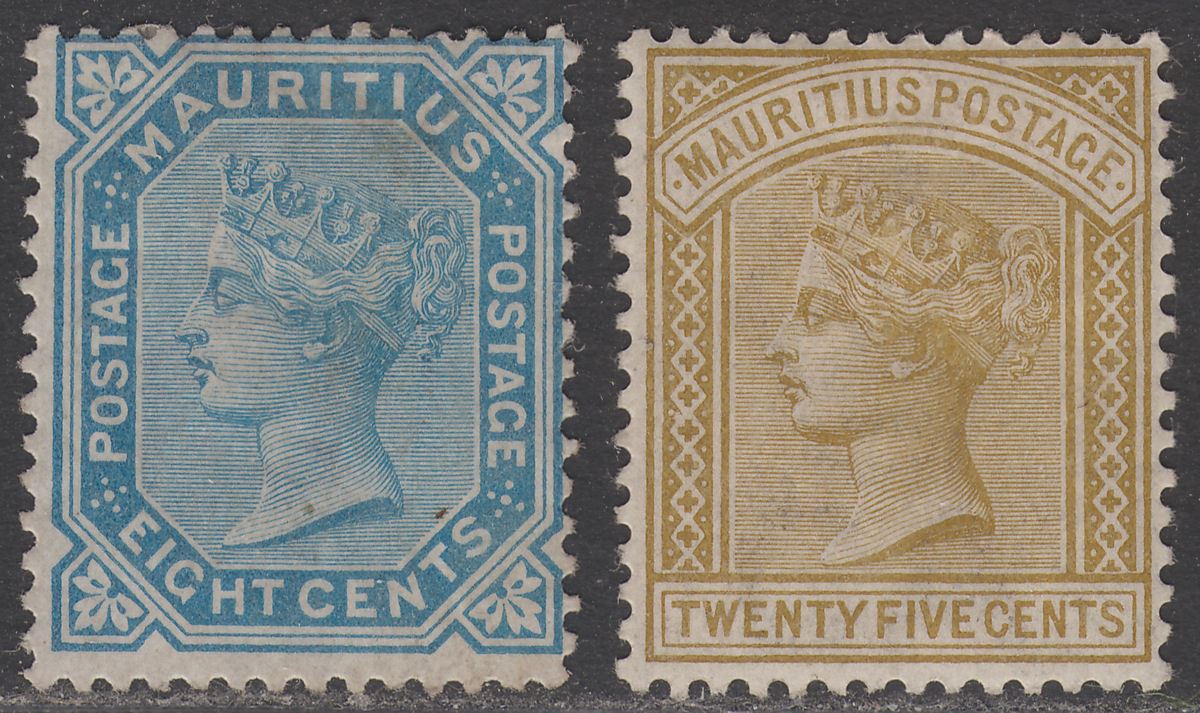Mauritius 1880-83 Queen Victoria 8c Blue, 25c Olive-Yellow Mint SG94 SG110