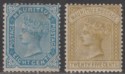 Click for more photos and details Mauritius 1880-83 Queen Victoria 8c Blue, 25c Olive-Yellow Mint SG94 SG110