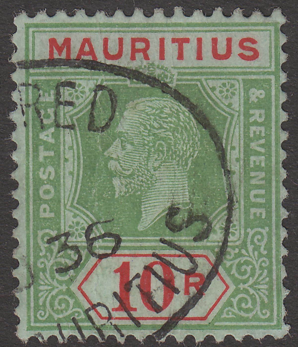 Mauritius 1921 KGV 10r Green and Red on Emerald Used SG204d cat £200 faults